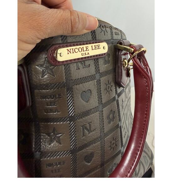 Nicole Lee Monogrammed Dome Satchel Handbag In Brown And Burgundy Red main image 1